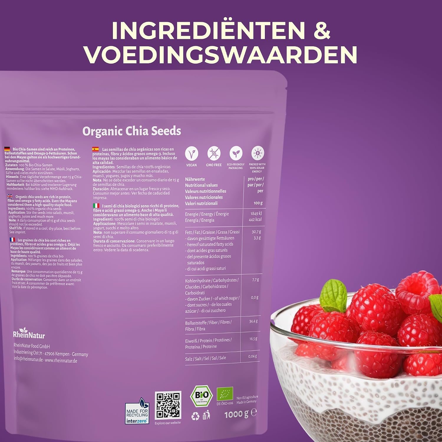 Detalle de RheinNatur biologische chiazaden 1 kg – 100% biologisch voor ontbijt en salades