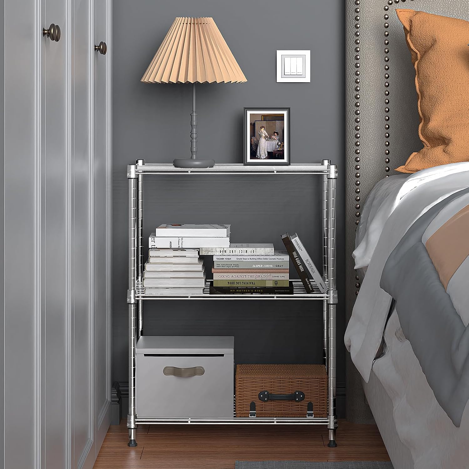 Detalle 2 de M MZG E304567OH301LB-AU metalen opbergrek, 3 niveaus, verstelbaar, chroom