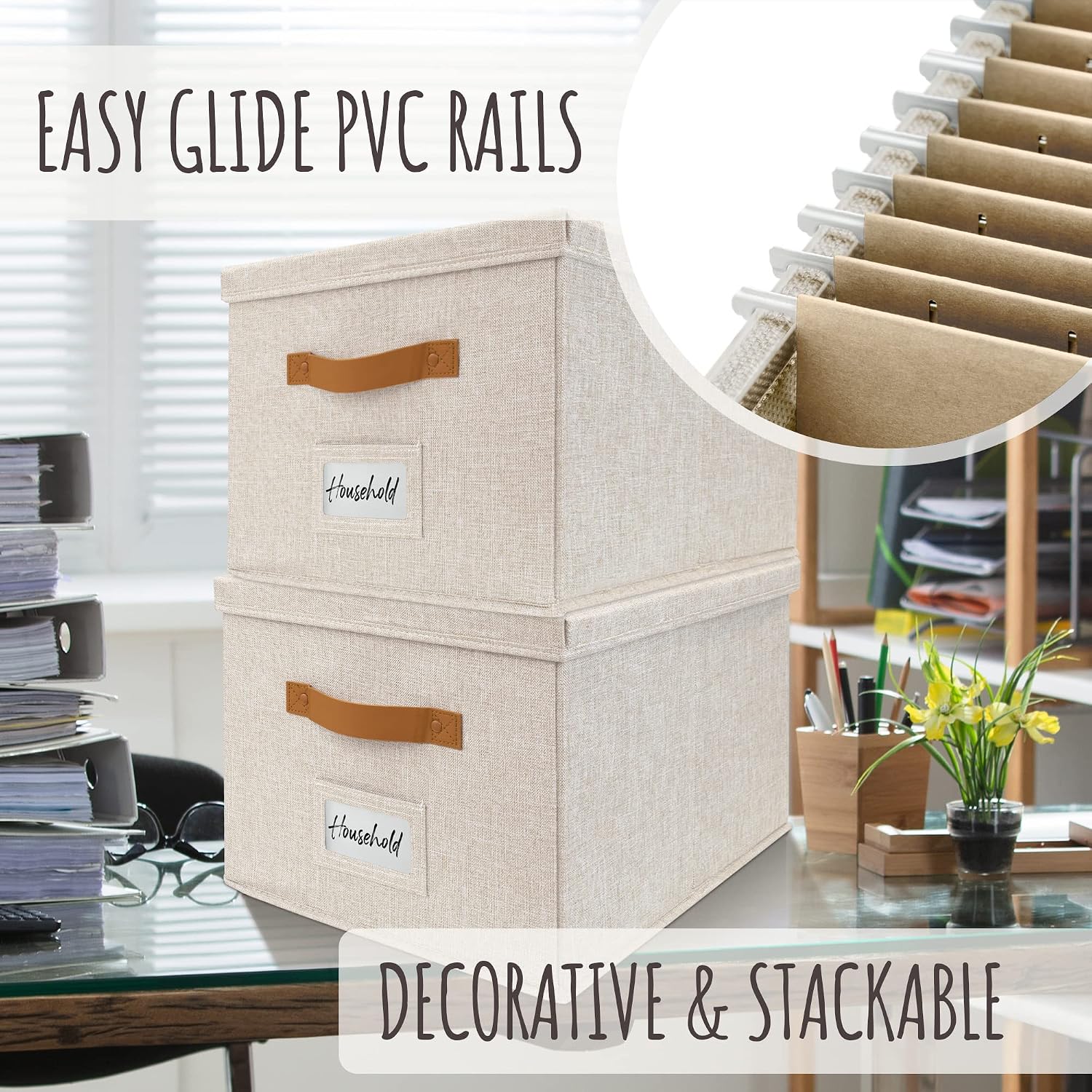 Detalle 2 de ZICOTO zic-mfilebox2-ivory-243 Linen File Organizer Boxes, Set of 2