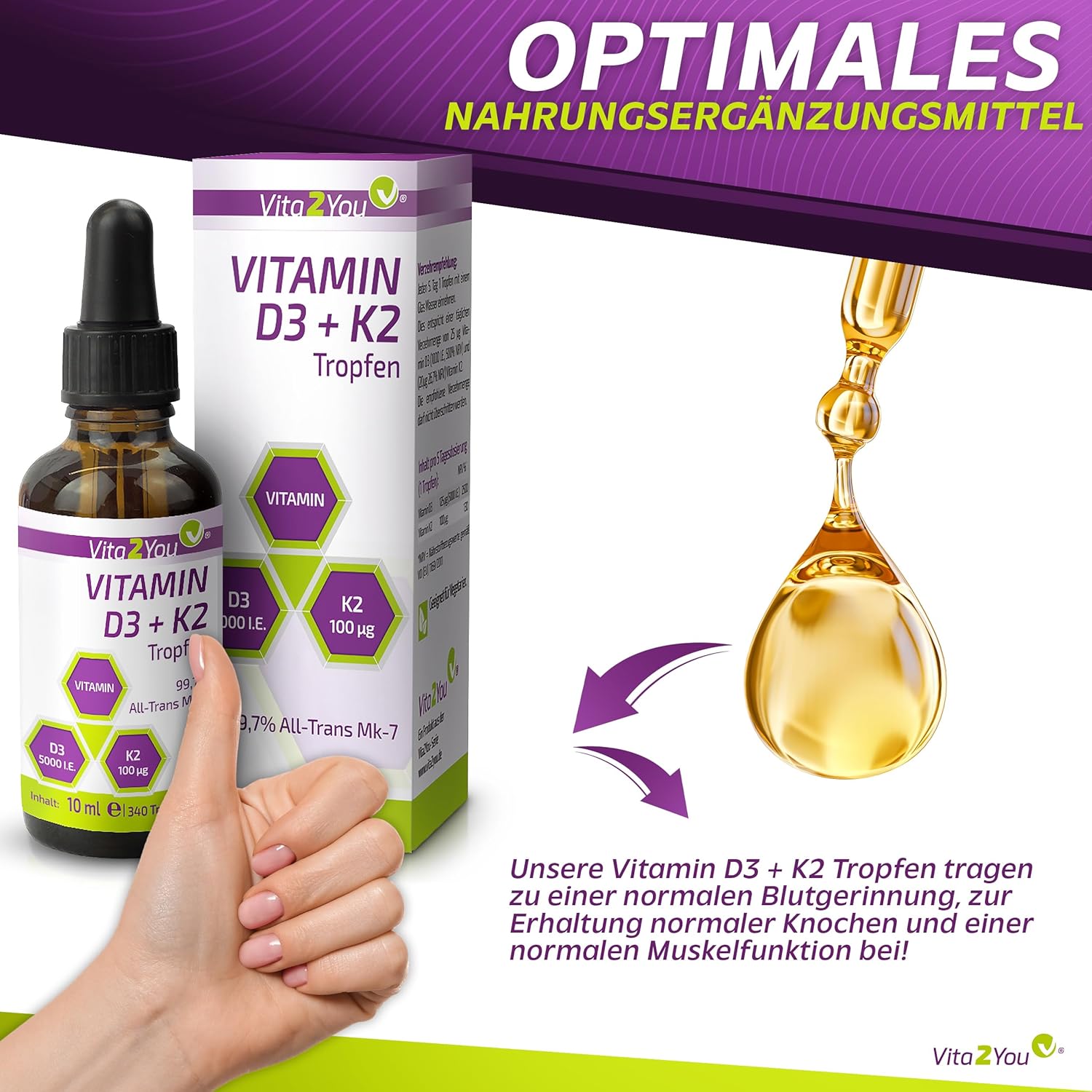 Detalle de Vita2You Vitamin D3 + K2 Tropfen (K2VITAL MK-7) mit 5.000 IE D3 & 100 µg K2 pro Tropfen