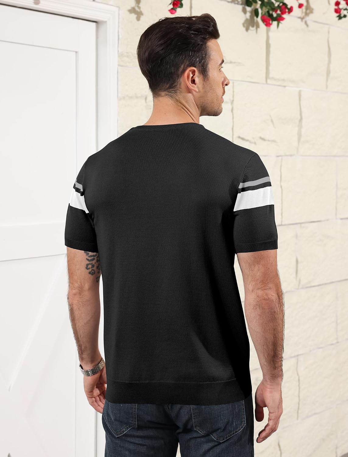 Detalle de Aulemen Herren Strick Kurzarm T‑Shirt mit Streifen – Regular Fit, knitterarm und pflegeleicht