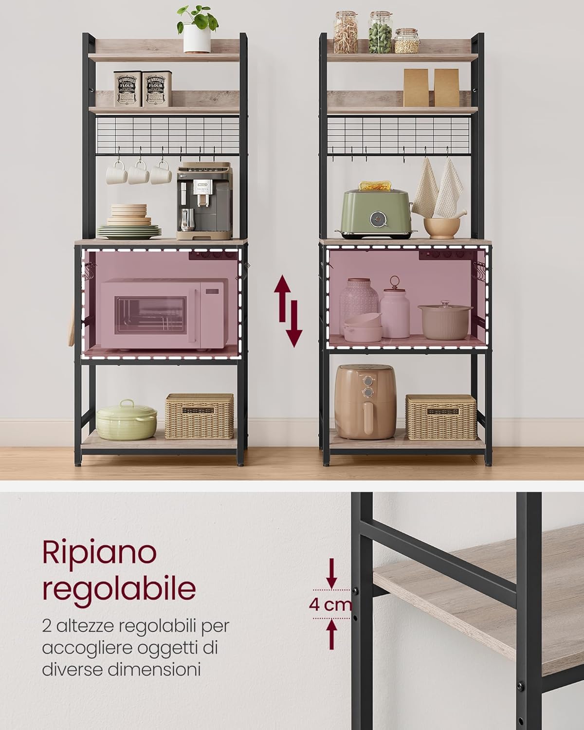 Thumbnail 6 de VASAGLE scaffale da cucina con multipresa e ganci KKS037B02EU, per microonde e organizzazione