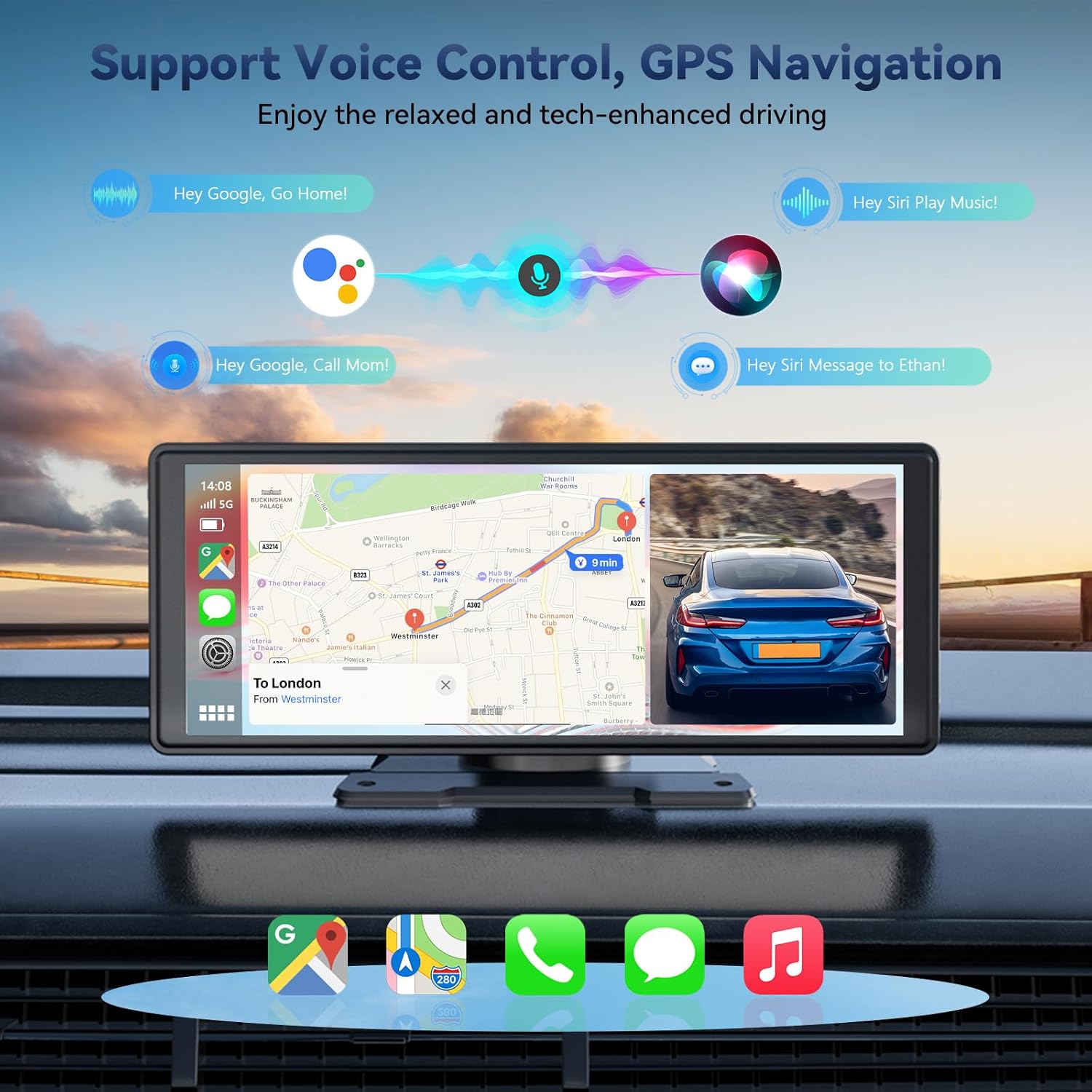 Detalle de Écran Carplay sans Fil 10,26" pour Apple CarPlay & Android Auto – Caméra de Recul 1080P et GPS