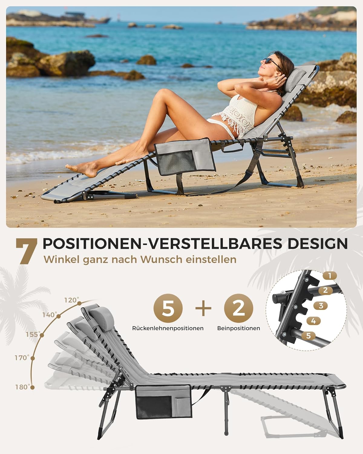 Detalle de KingCamp Übergroße Sonnenliege Klappbar 5-Fach Verstellbar – 200 x 68 cm, bis 200 kg, inkl. Kopfkissen & Seitentasche