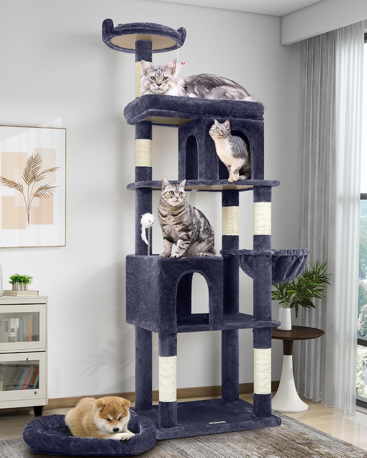 Detalle de Globlazer Kratzbaum für Maine Coon – 183 cm hoch mit Großem Katzenhaus, Plattformen & Kippschutz (Rauchgrau)