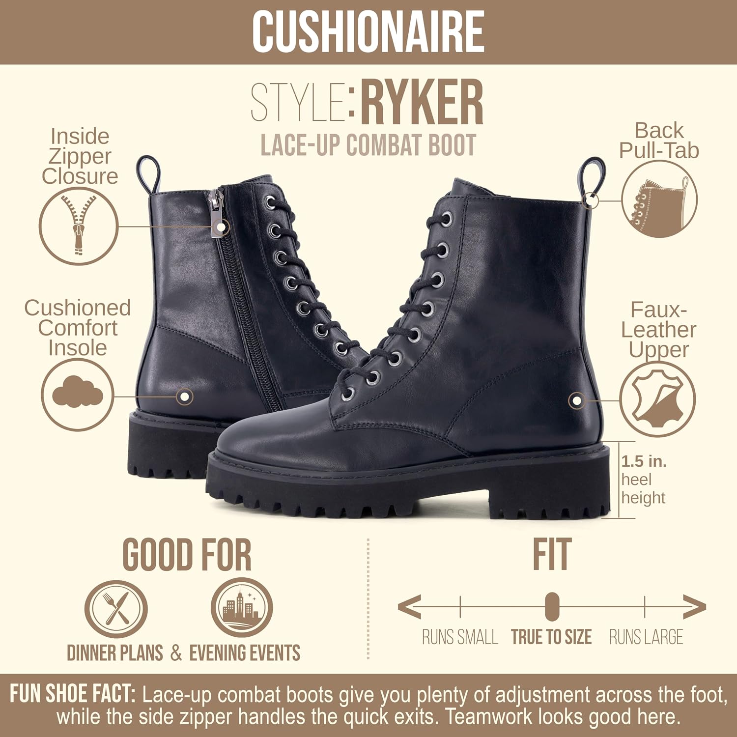 Detalle 2 de CUSHIONAIRE Women's Combat Boots Ryker