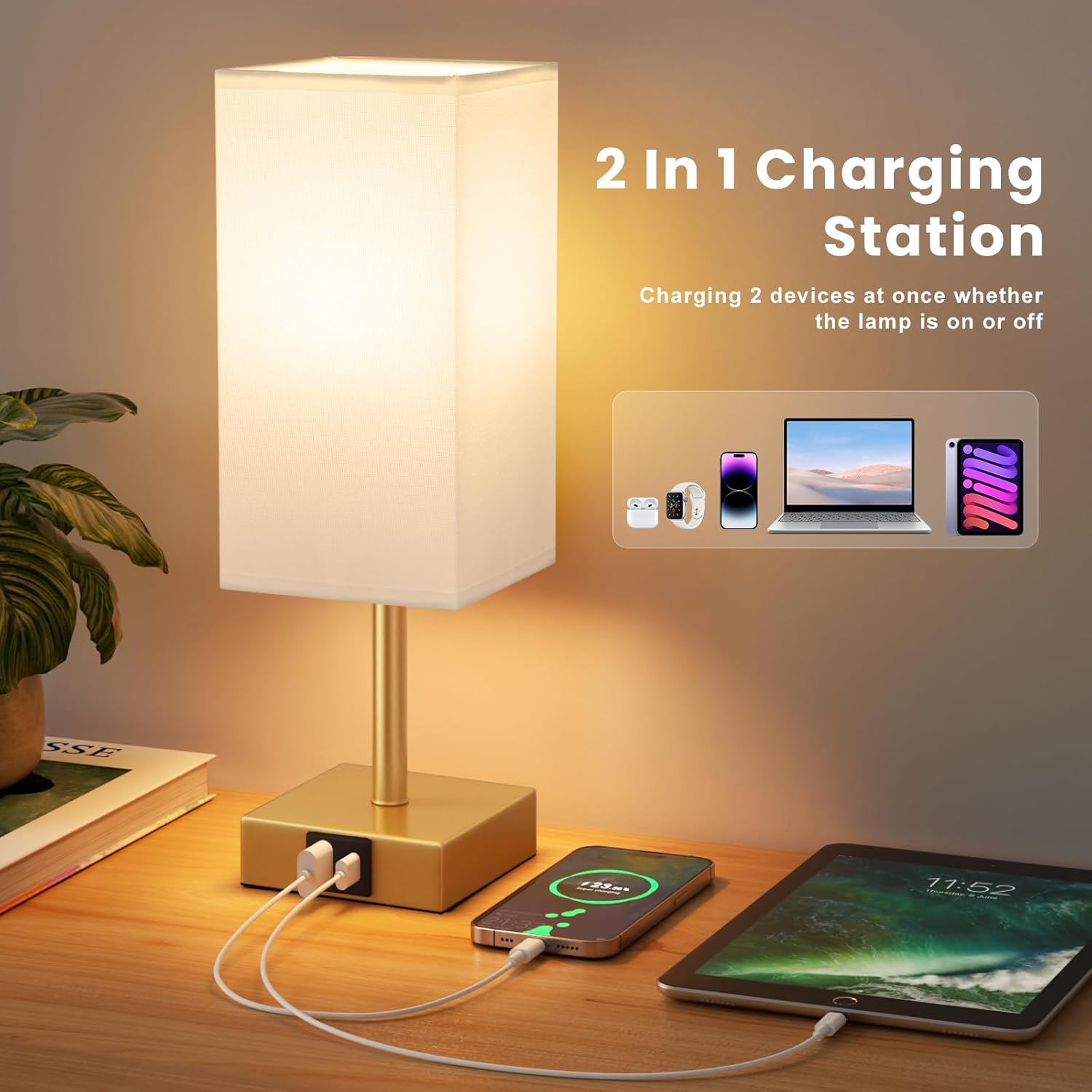 Thumbnail 4 de Aooshine Gold Touch Lamp with USB-C + USB-A Charging Ports and White Linen Shade