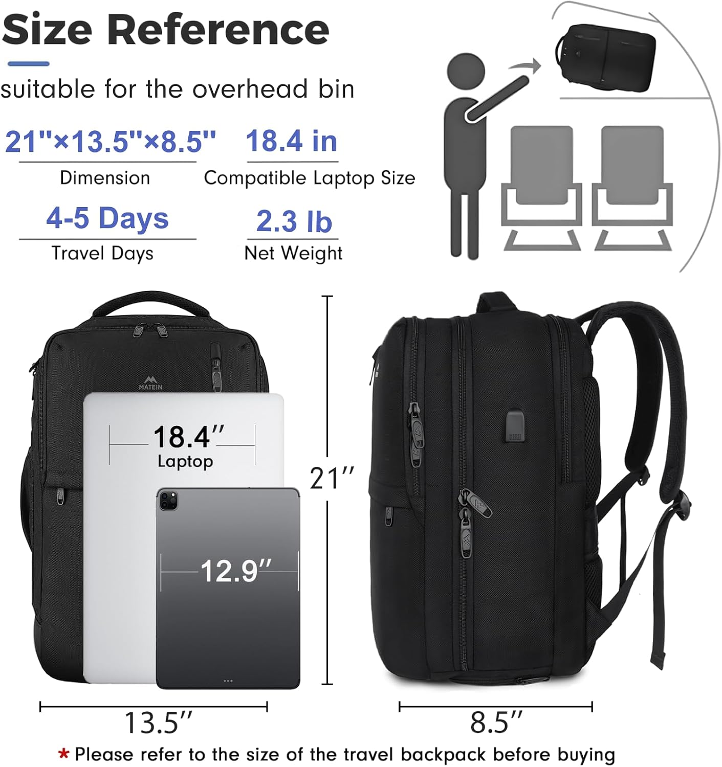 Detalle 2 de MATEIN Mochila Viaje Cabina 45L con USB