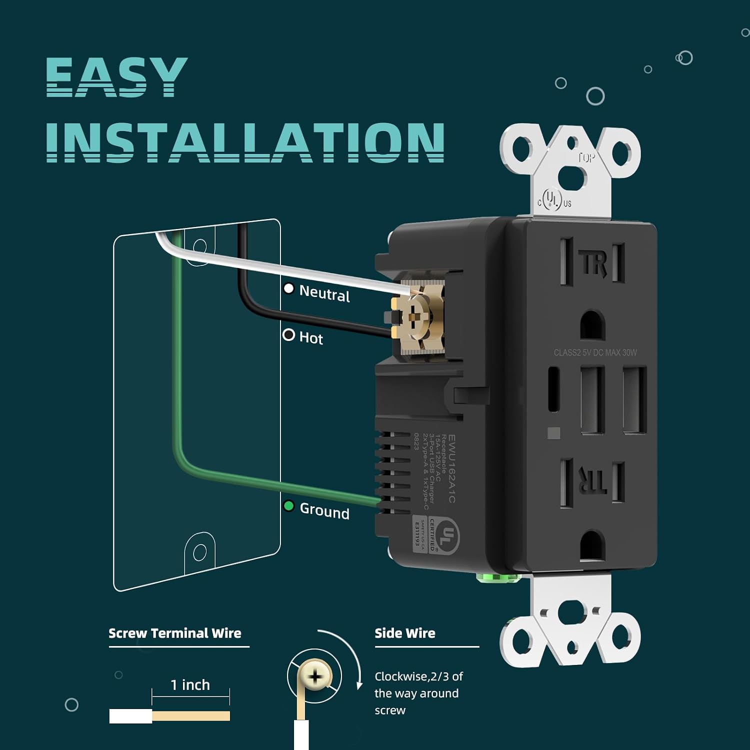 Detalle 2 de TOPELER Black 3-Port USB Wall Outlet, 30W USB-C, 15A Tamper-Resistant