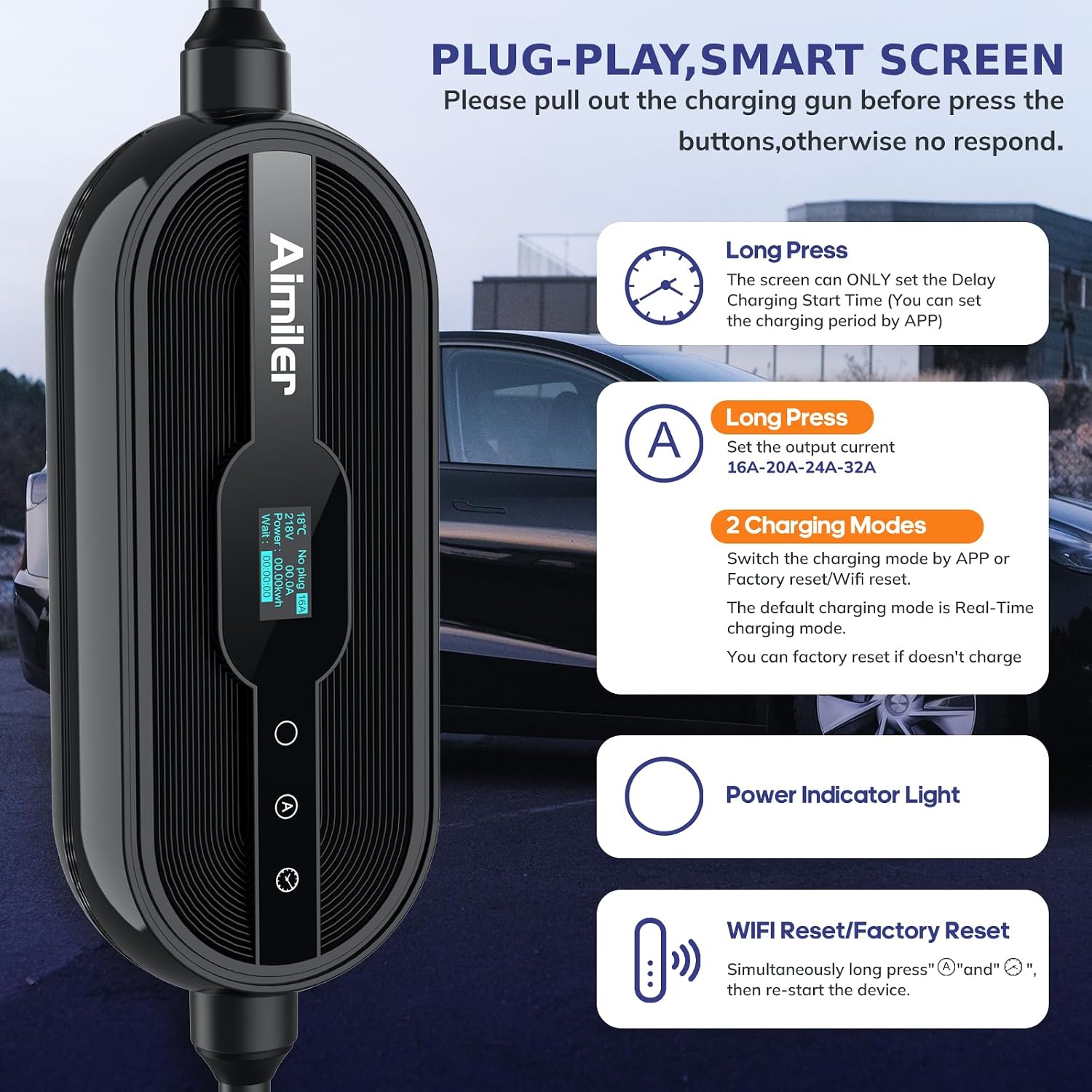 Thumbnail 3 de AIMILER Level 2 Tesla Charger (WiFi App, 32A) with NACS Connector + 25ft ETL-Certified Cable, NEMA 14-50P
