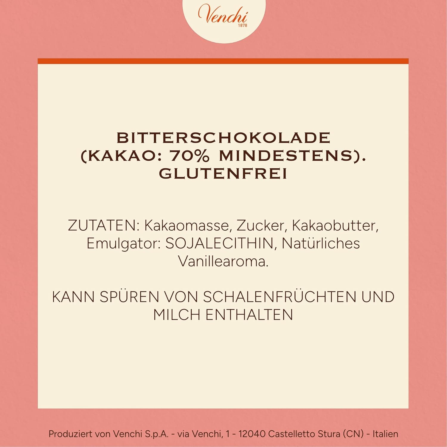 Detalle de Venchi Tafel Zartbitterschokolade 70% – 78 g, glutenfrei & vegan