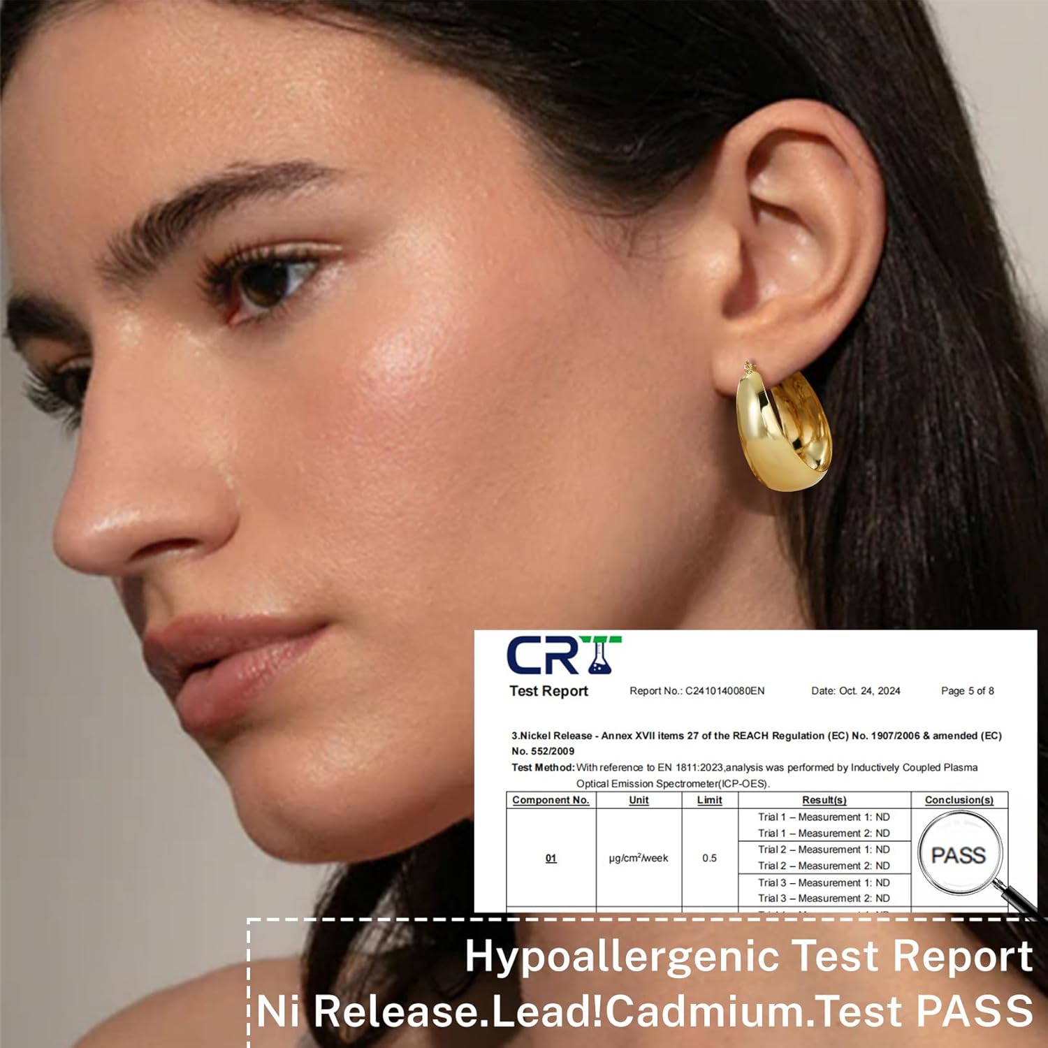 Detalle de Senteria 12mm Wide Thick Hoop Earrings (925 Sterling Silver, 14K Gold Plated) — Hypoallergenic Chunky Hoops