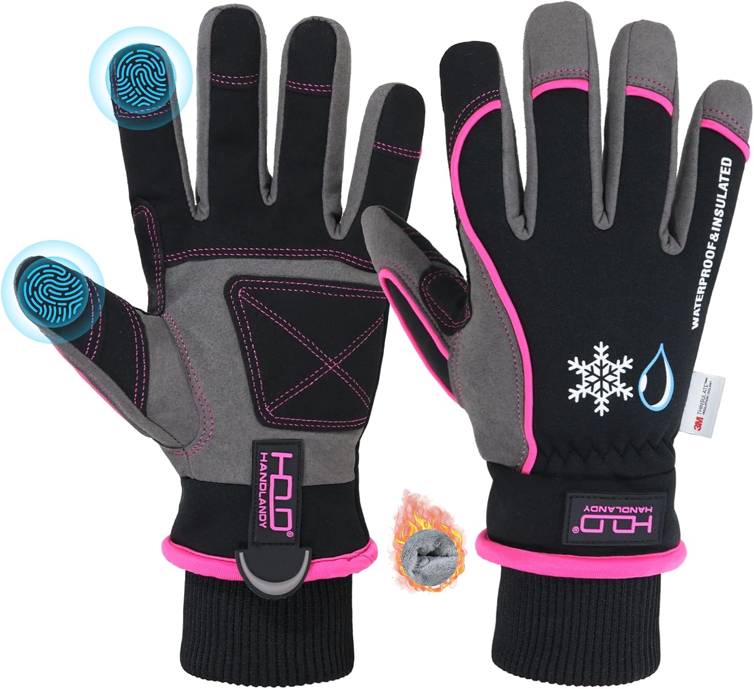 Detalle de HANDLANDY Winter Work Gloves, Large Pink, 3M Thinsulate, Touchscreen Tips