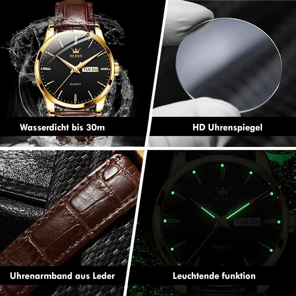 Detalle 2 de OLEVS Herrenarmbanduhr Braun/Schwarz Lederband, Quarz, Datum & Wochentag, Leuchtzeiger, 30 m Wasserdicht – elegantes Geschenk
