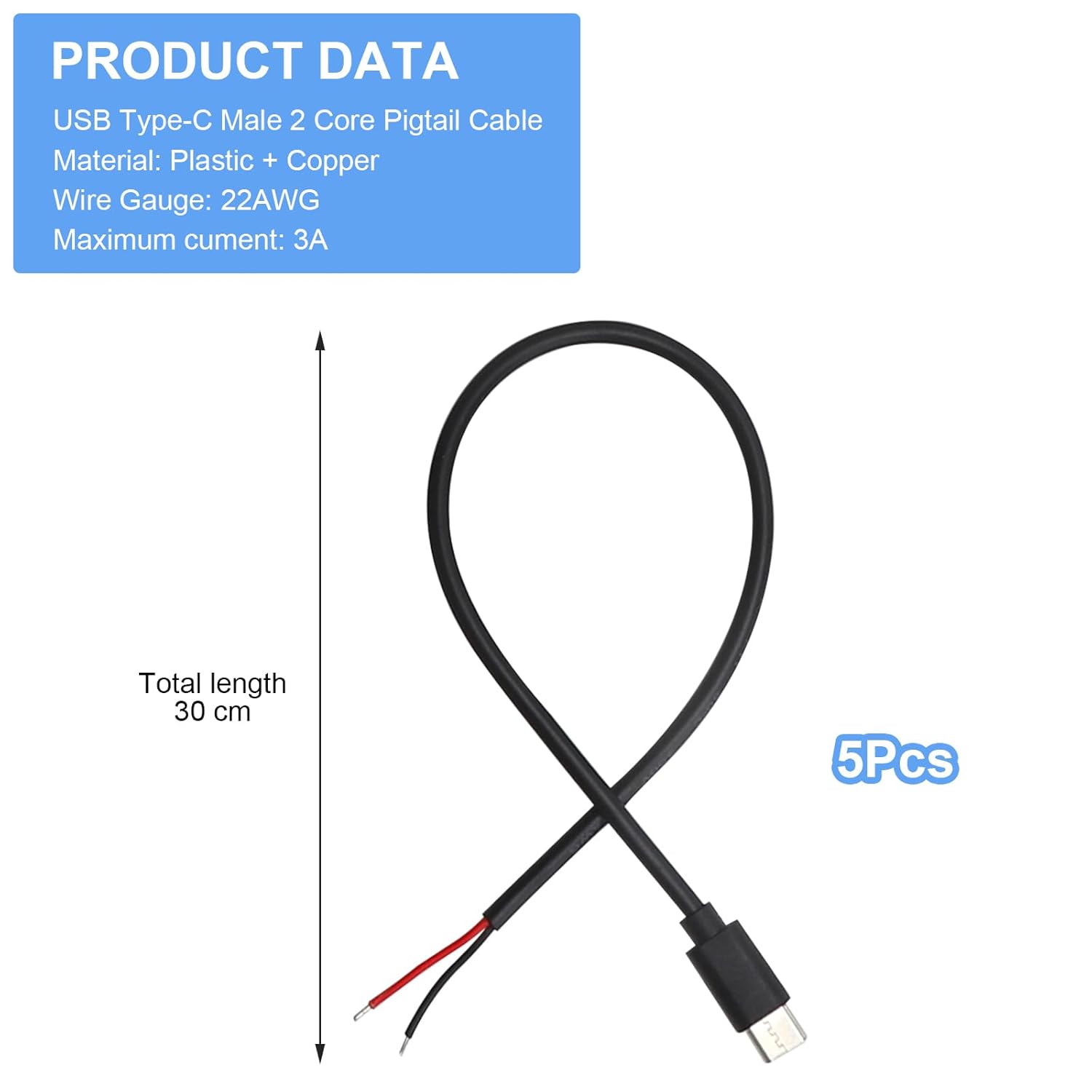 Thumbnail 1 de APOMOONS 5‑Piece USB Type‑C Pigtail Cable Extension (30cm) – 22AWG, 5V 3A, Open End 2‑Pin Wire for DIY Power Projects