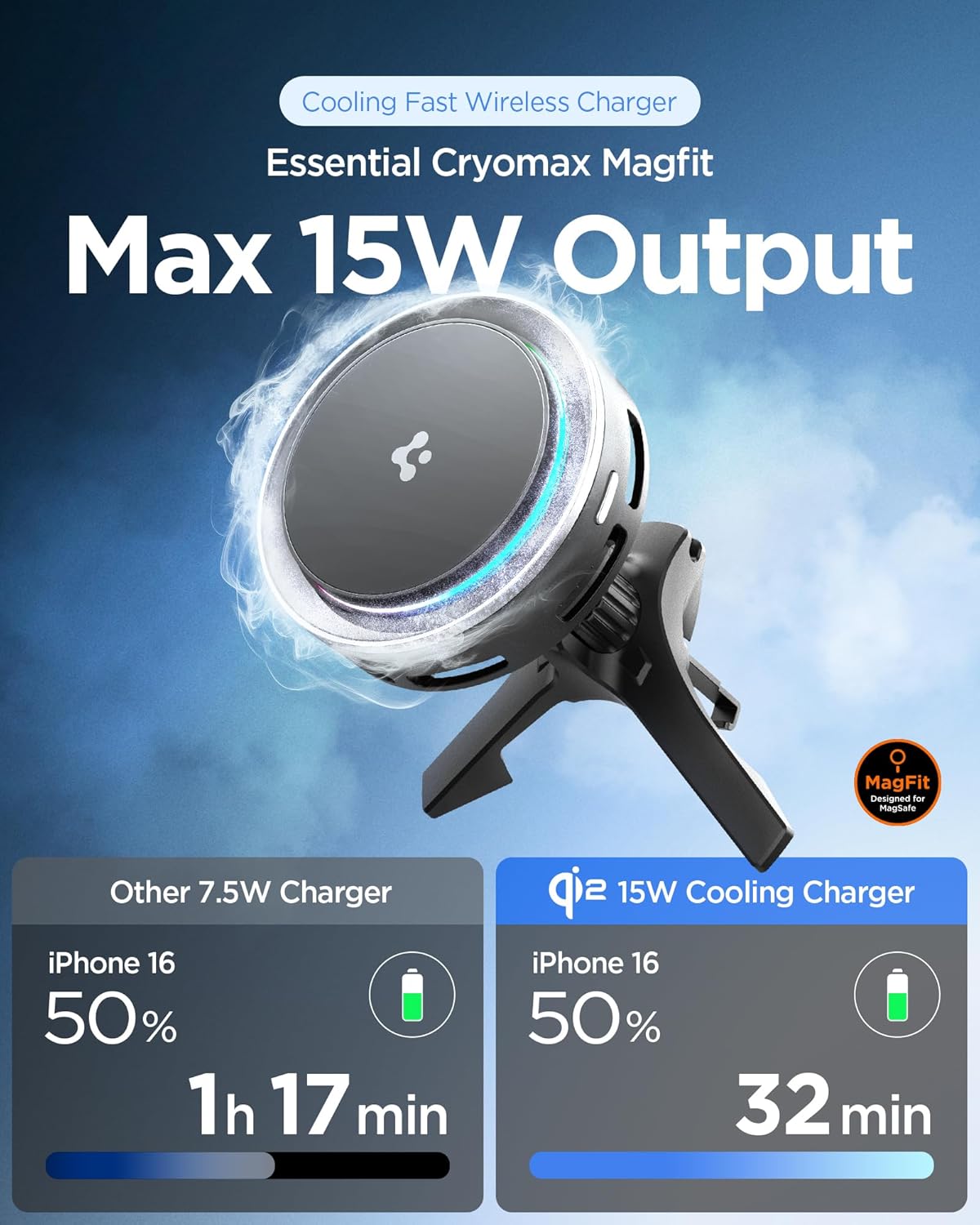 Thumbnail 1 de Spigen Essential CryoMax MagFit Qi2 15W Chargeur MagSafe voiture sans fil avec refroidissement