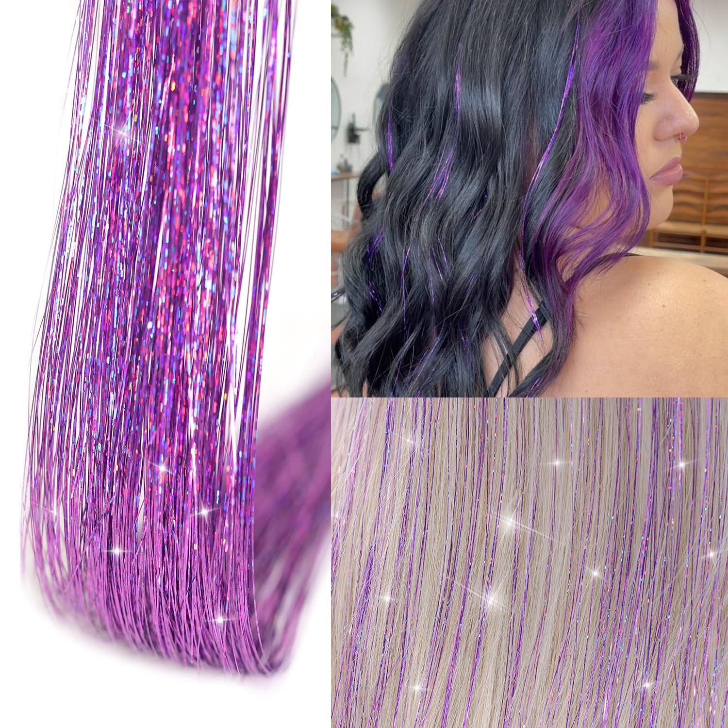 Detalle 2 de Ubeleco Purple Hair Tinsel Clip-In Kit, 12 Clips, 20.5-Inch Strands