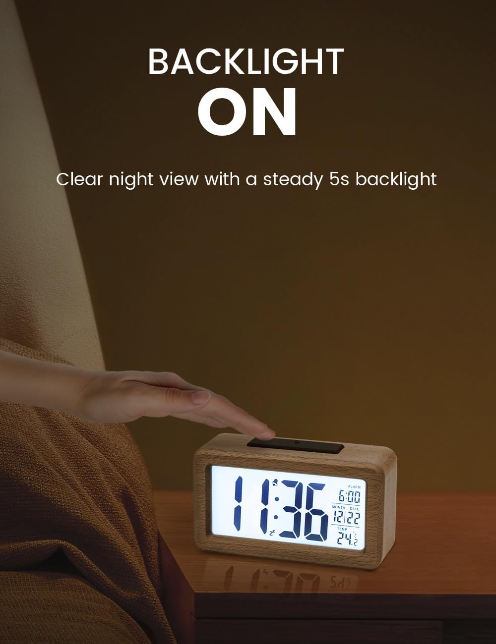 Thumbnail 2 de aboveClock Digital Alarm Clock Wooden Bedside Clock with Large Backlit LCD, Temperature & Snooze (AAA batteries needed)