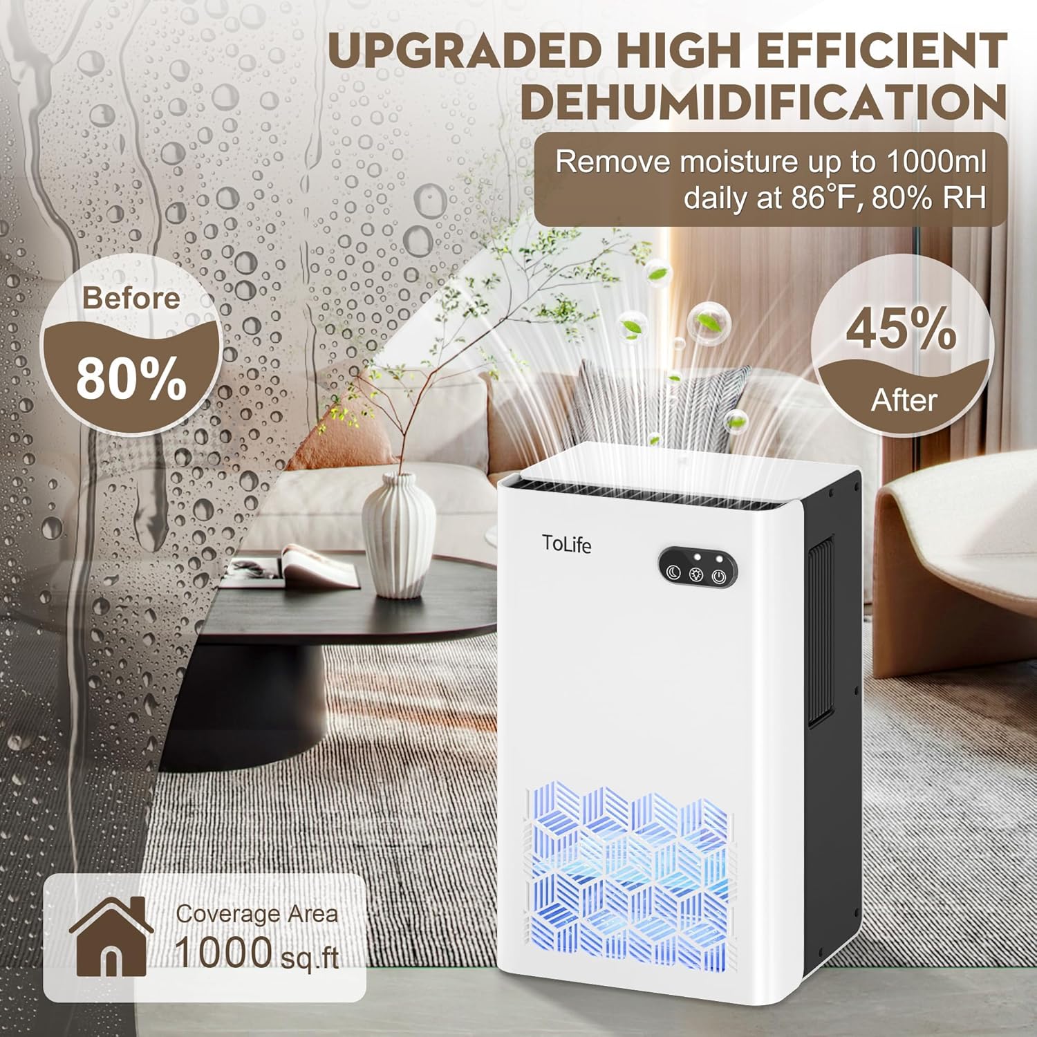 Detalle de ToLife Home Dehumidifier (1000 sq.ft) with 95 OZ Tank, Auto Shut Off, 7-Color LED Light