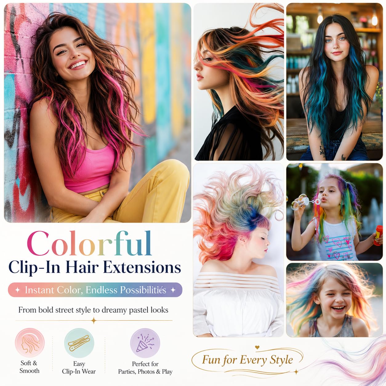 Detalle de Teal Blue Clip-In Hair Extensions, 16 Pieces for Parties and Cosplay