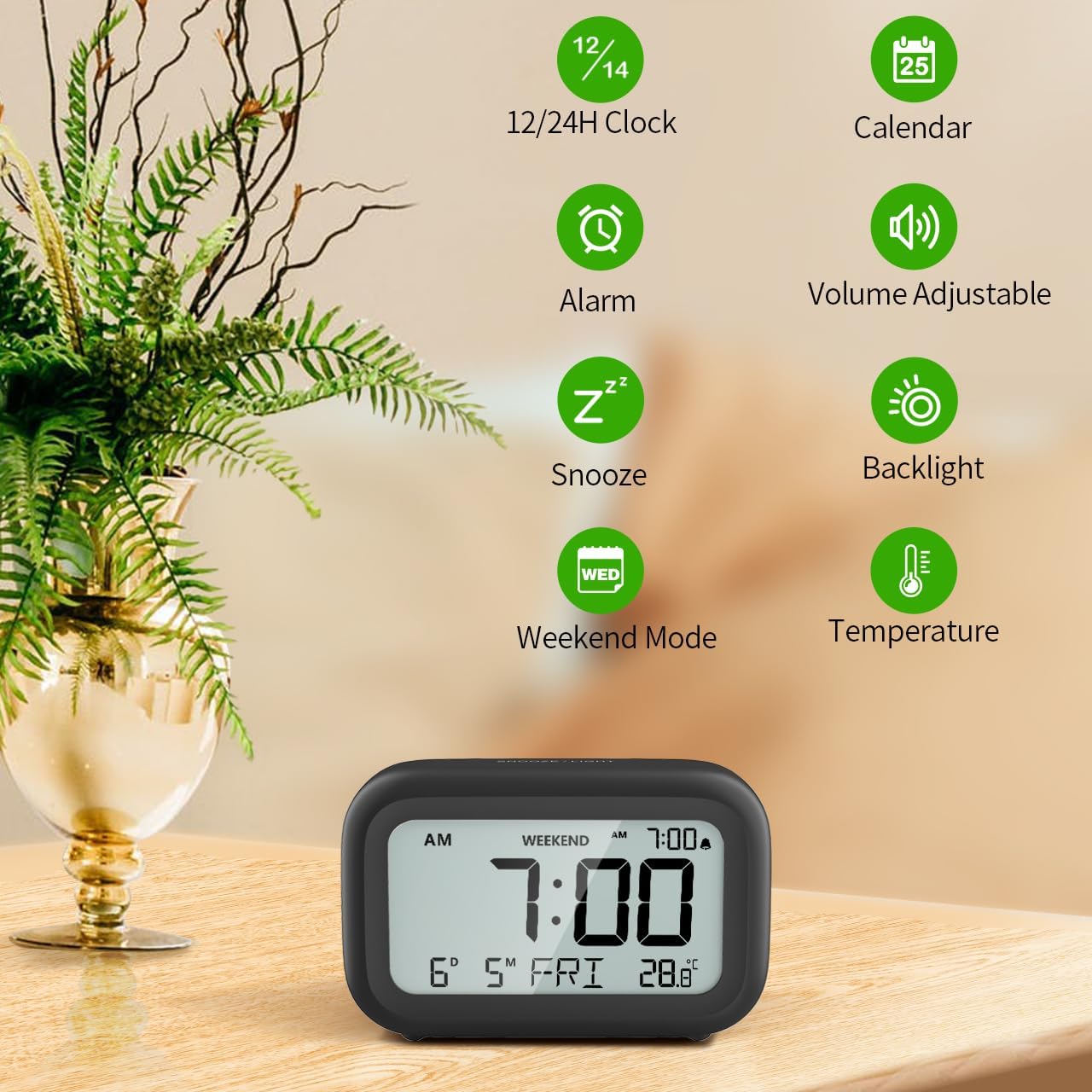 Thumbnail 1 de DOOMAY Digital Alarm Clock Bedside – Battery-Powered, LCD Display with Snooze and Weekend Mode