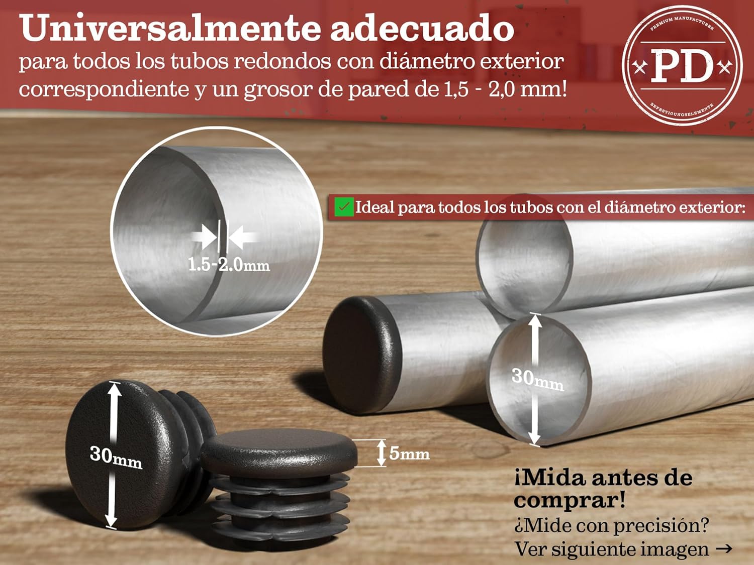 Detalle 2 de PD® Tapones Redondos 30mm para Tubo | Plástico Negro 🛠