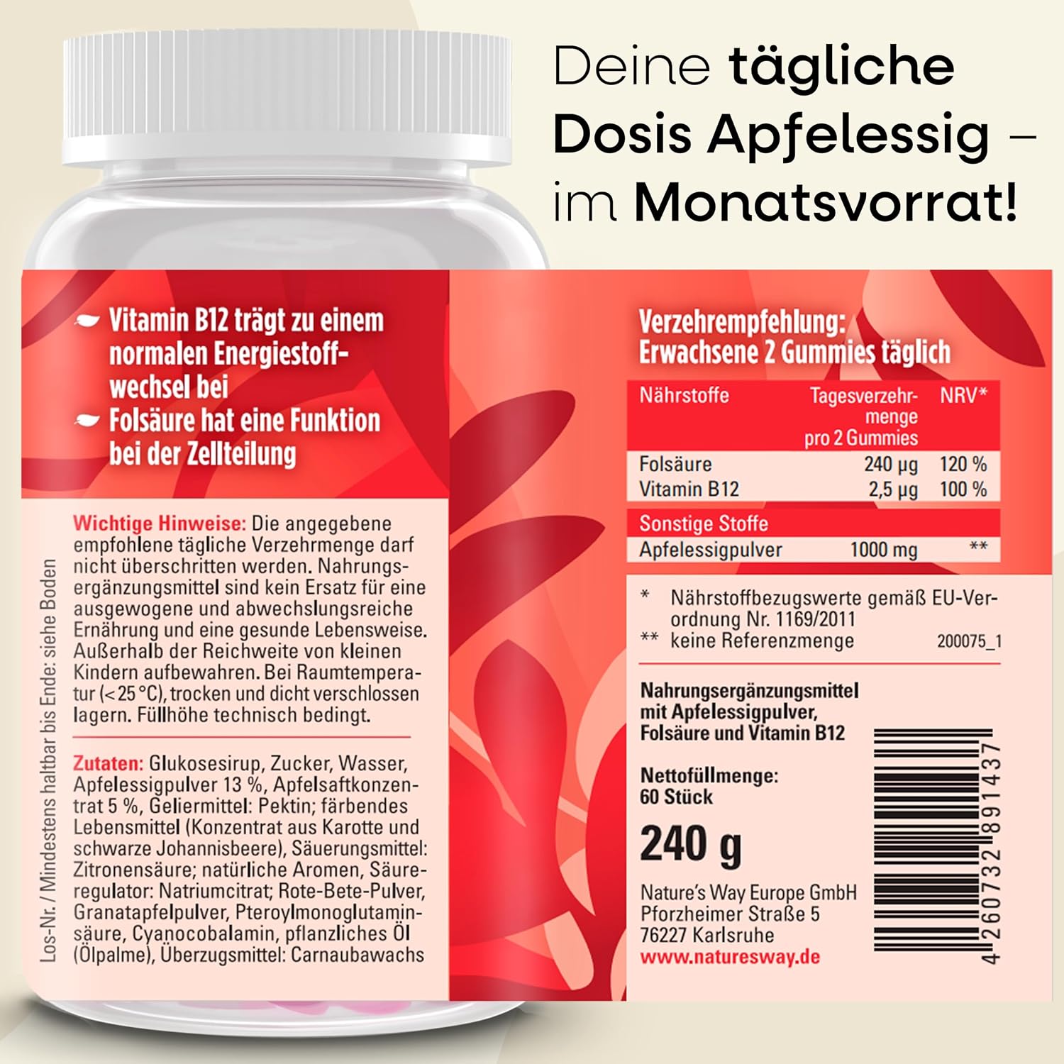 Detalle de Apfelessig Gummies mit 1.000 mg Apfelessig-Komplex, Vitamin B12 & Folsäure – vegane Gummibärchen (60 Stk)