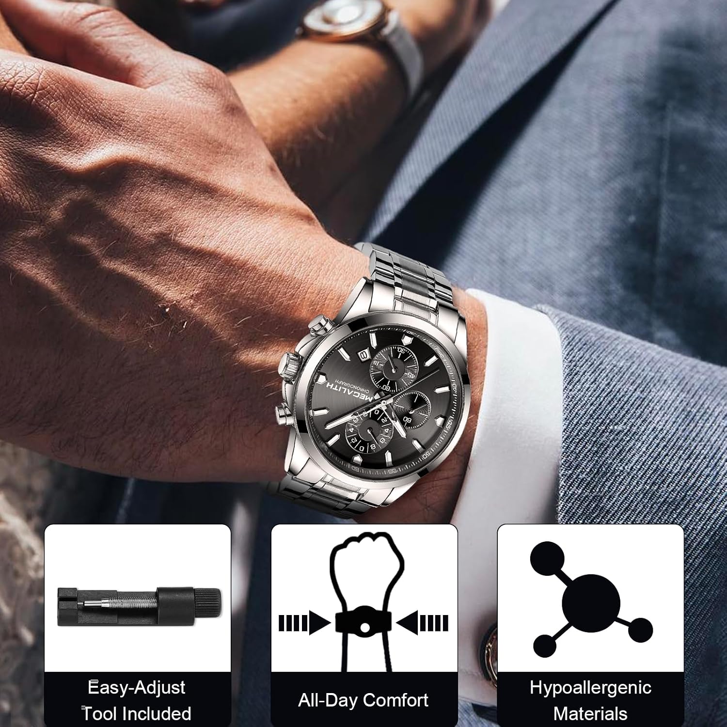 Thumbnail 4 de MEGALITH Herren Uhr Edelstahl Armbanduhr – Chronograph, Quarz, 3 ATM, Leuchtzeiger