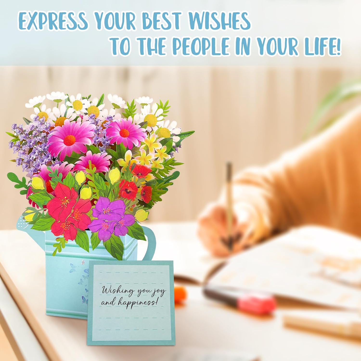 Detalle de Hierein Pop Up Birthday Cards for Women: Blue Watering Can Flower Bouquet