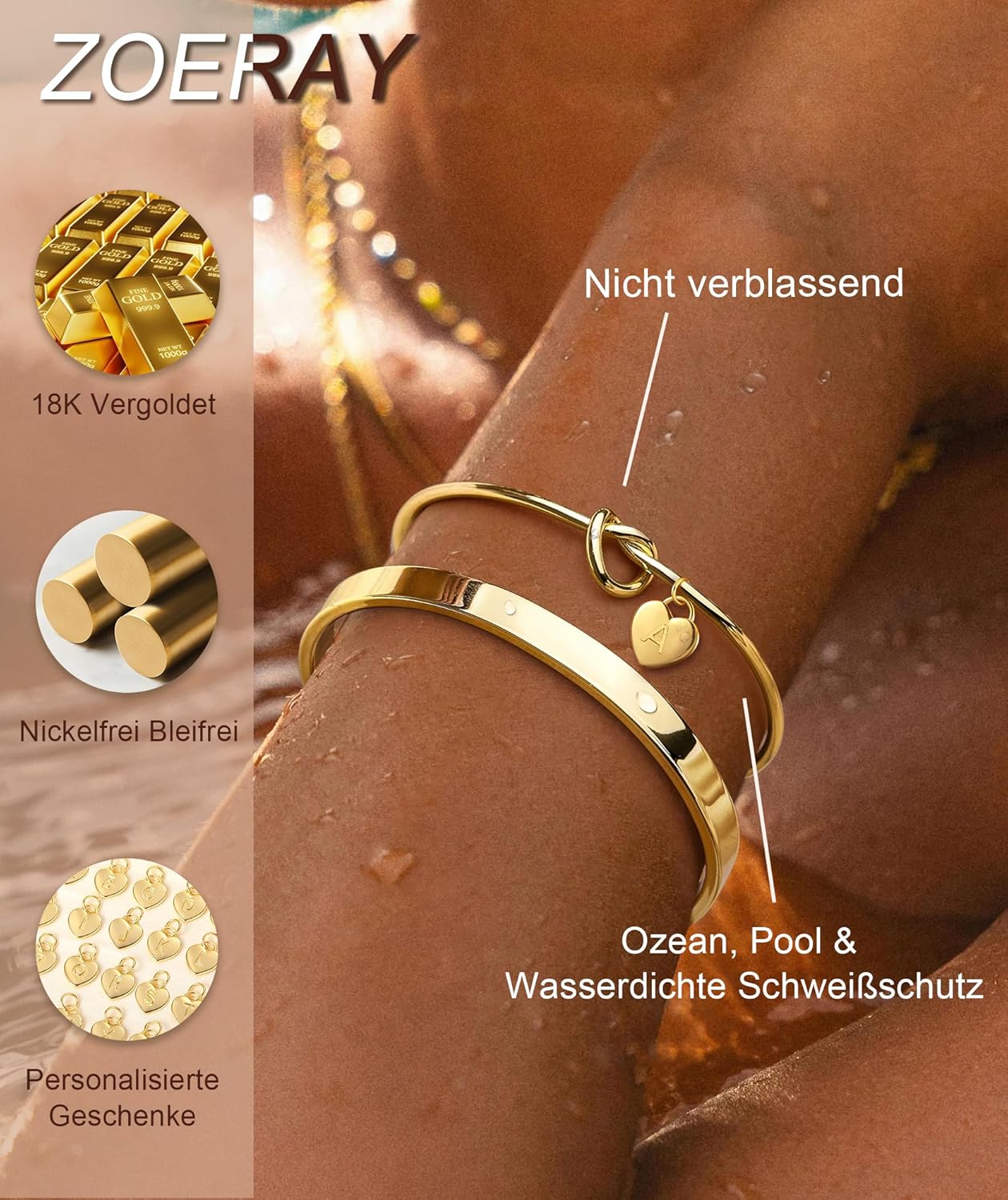 Thumbnail 2 de Bracelet personnalisé ZOERAY or jaune et argent 18K plaqué, nœud d’amour réglable avec breloque cœur (initiales A-Z)