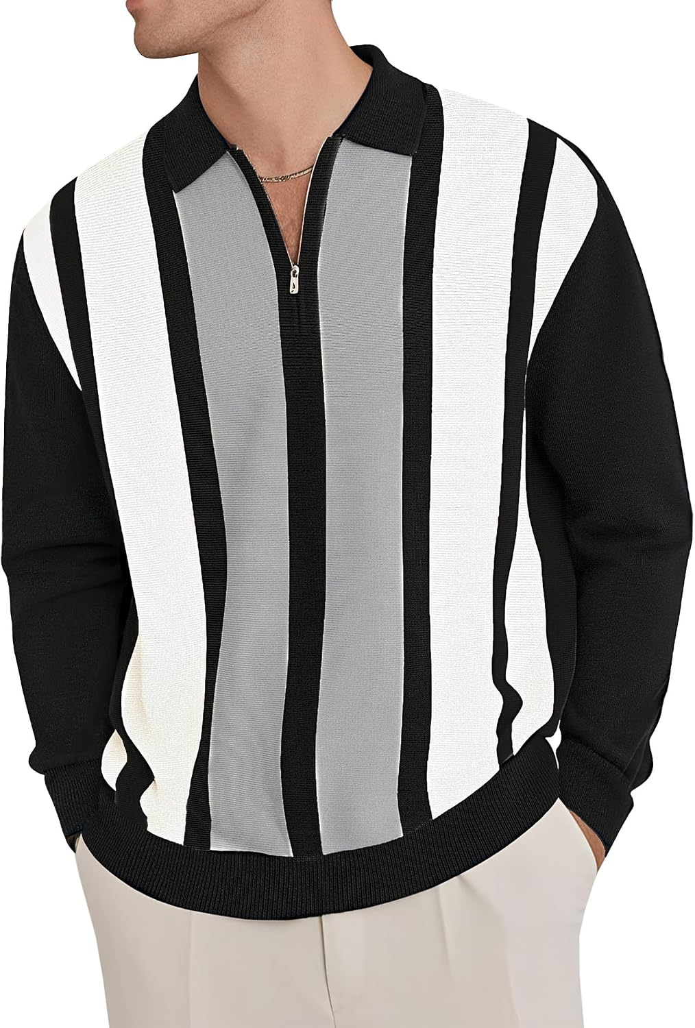 Detalle de CTU men’s quarter zip jumper polo shirt – knitted long sleeve with vintage striped look (M–3XL)