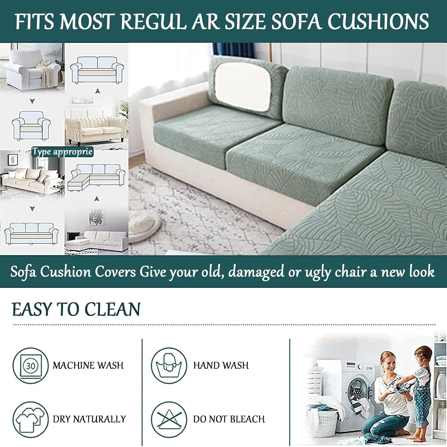 Detalle 1 de YUMEIGE boqu Couch Covers soffkuddsöverdrag, gräsgrönt för 2-sitsdyna