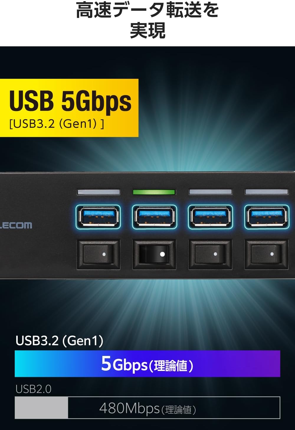 Detalle de エレコム U3HC-S040EBK USBハブ USB-A 4ポート・個別スイッチ・マグネット付き