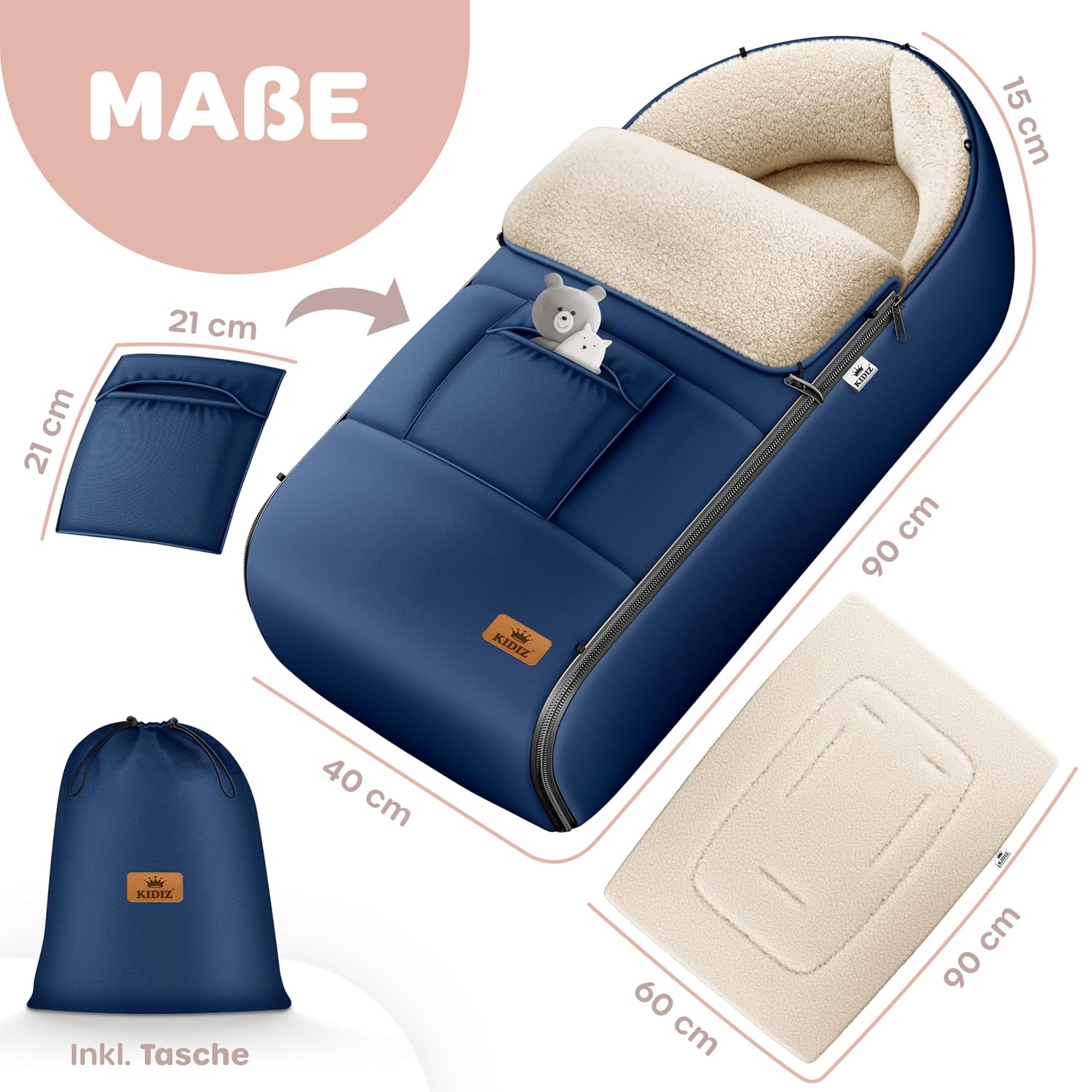 Detalle de Kidiz Babyfußsack Winter für Kinderwagen & Babyschale – wasserdicht, winddicht, mit Lammfleece-Futter