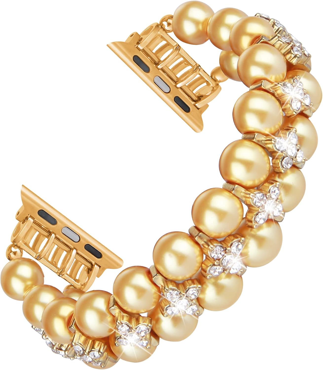 Detalle de GEMEK Pearl Bracelet for Apple Watch – Bling Diamond & Pearl Stretch Band (Shiny Gold)