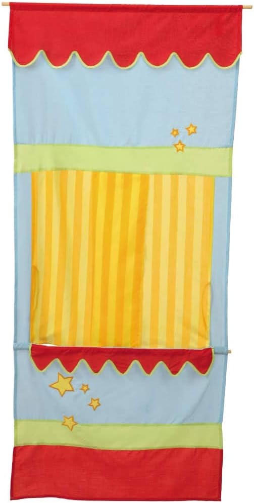 Detalle 1 de Théâtre de marionnettes pour cadre de porte en bois et tissu – rideau jaune, bleu et rouge, dès 3 ans