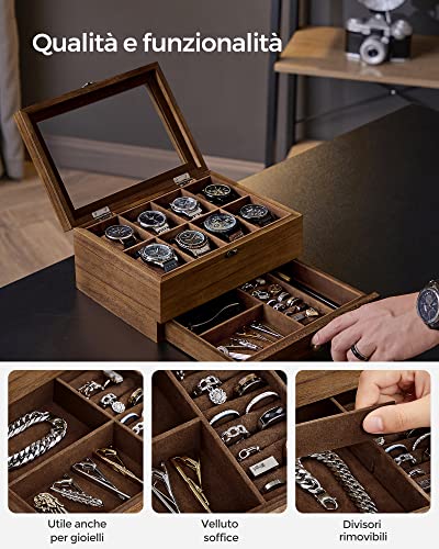 Detalle de SONGMICS GISELLA Collezione Scatola per Orologi con 8 Scomparti, Noce Rustico, 2 Livelli con Coperchio in Vetro
