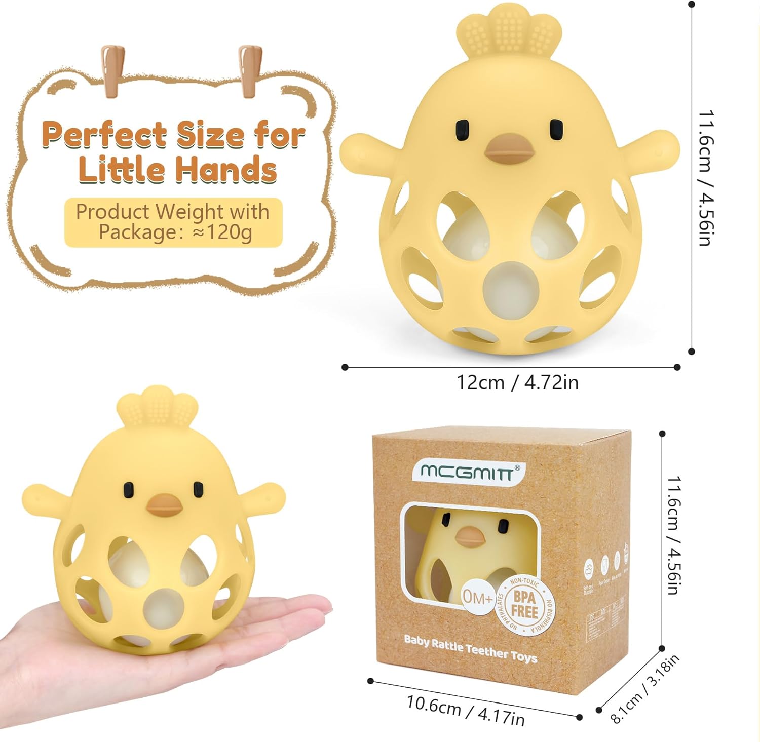 Thumbnail 2 de MCGMITT Grasping Ball with Rattle Baby Teether (Silicone, BPA-free) – Yellow Chicken Shape