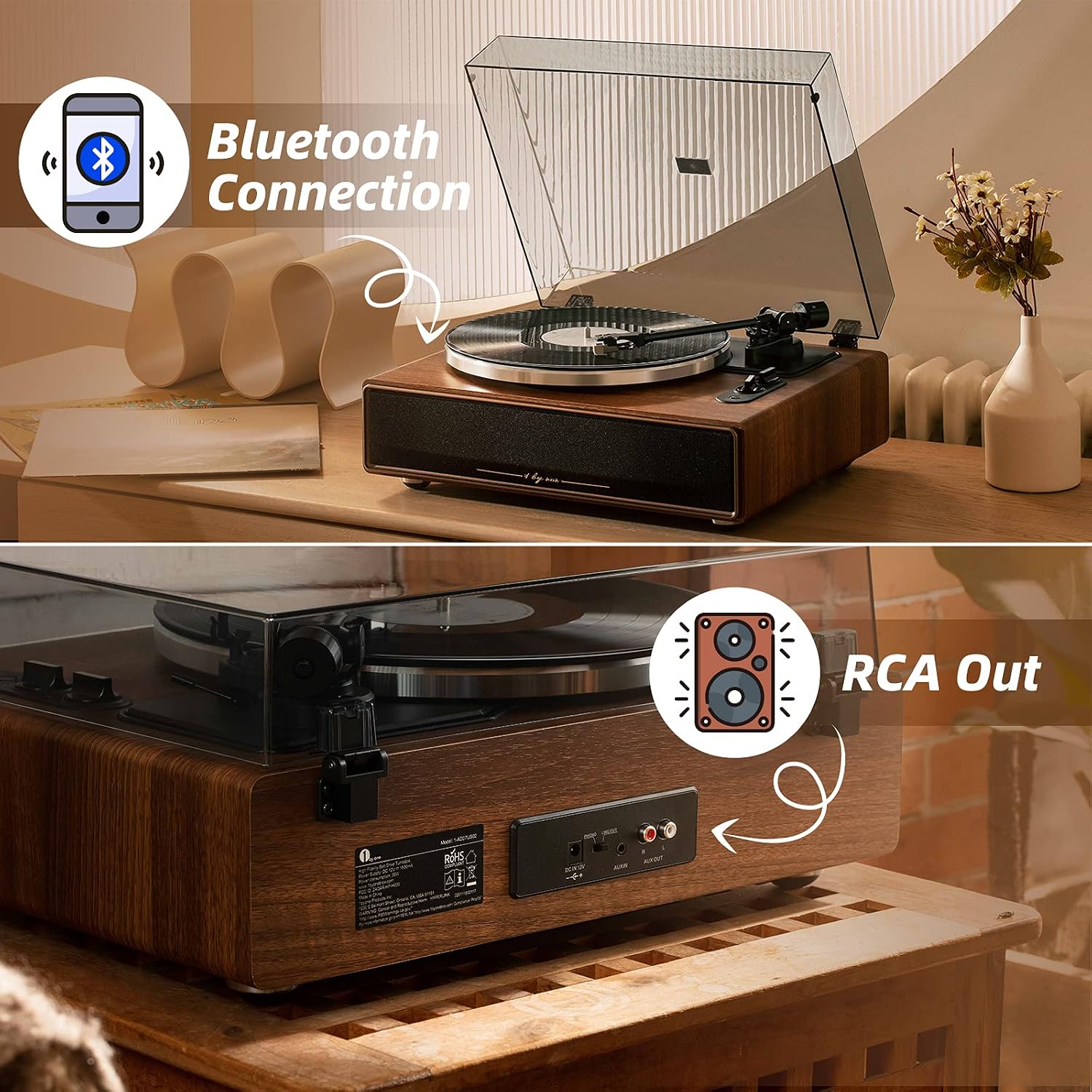 Thumbnail 3 de 1byone 1-AD07US02 Belt-Drive Turntable with Built-In Speakers, Bluetooth, Walnut