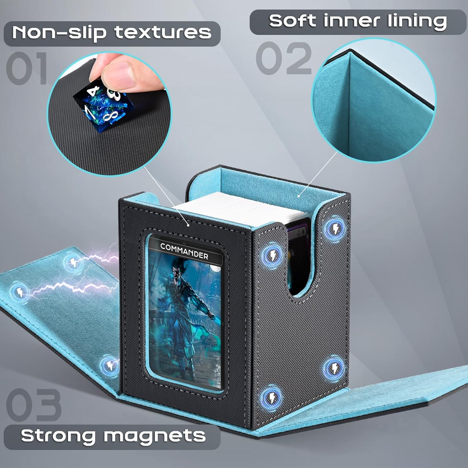 Detalle 2 de ZLCA MTG Deck Box with Commander Window Display (Grey & Blue) for 100 Double-Sleeved Cards