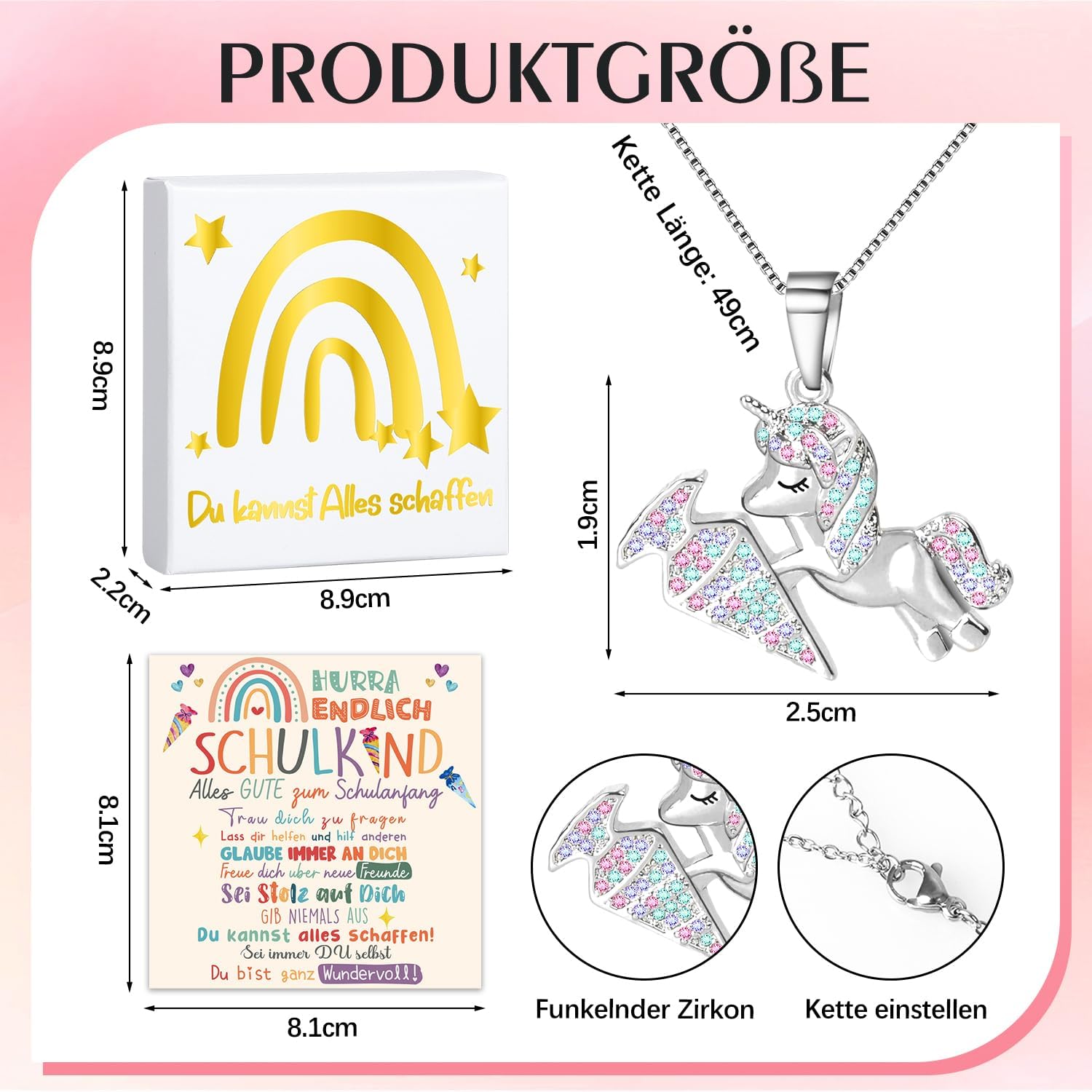 Detalle 2 de iZoeL Einschulung Geschenk Mädchen Einhorn Halskette – Grußkarte, Geschenkbox & Schulanfang