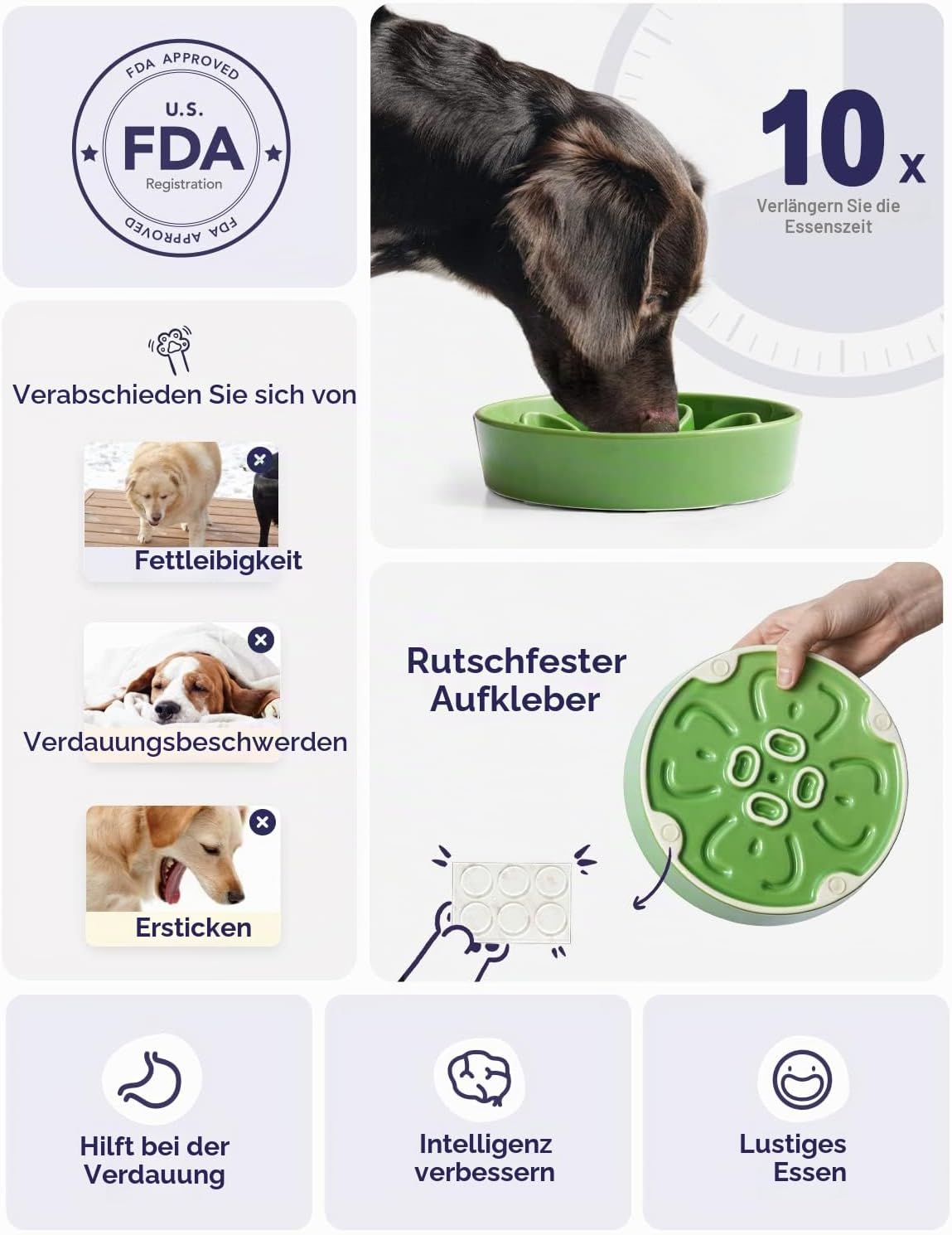 Detalle de LE TAUCI Keramik-Napf – langsames Fressen, rutschfest, für kleine bis mittlere Hunde (Grün Kleeblatt, 675 ml)