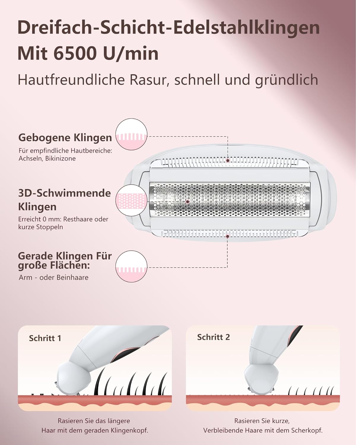 Detalle de 3‑in‑1 Damenrasierer USB‑aufgeladen – Intim & Gesicht 🪒