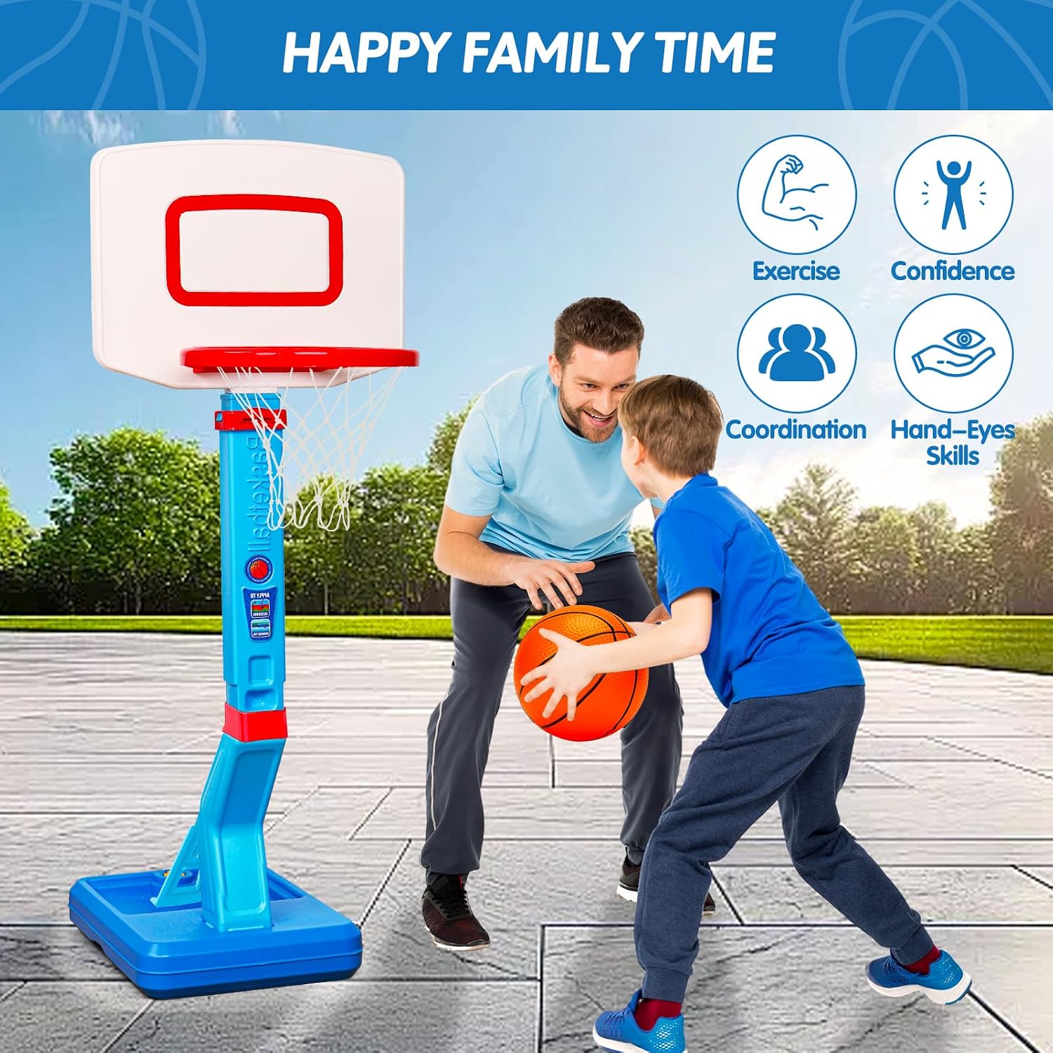 Detalle de Basketball Hoop and Stand for Kids: Adjustable Height 2'3"–4'7" with Balls