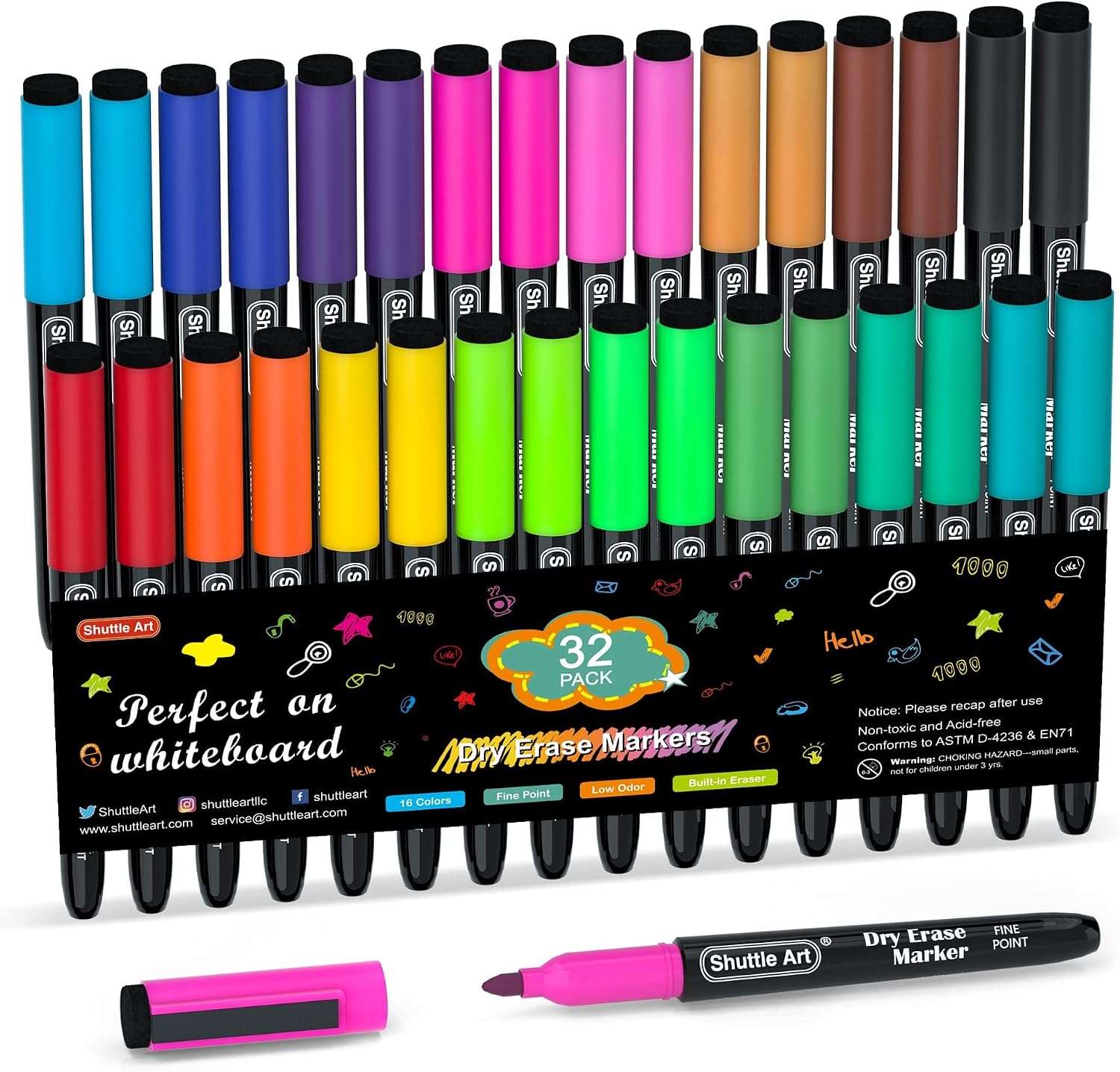 Detalle de Shuttle Art SADEM-C16*2-black barrel Dry Erase Markers, 32-Pack, 16 Colors