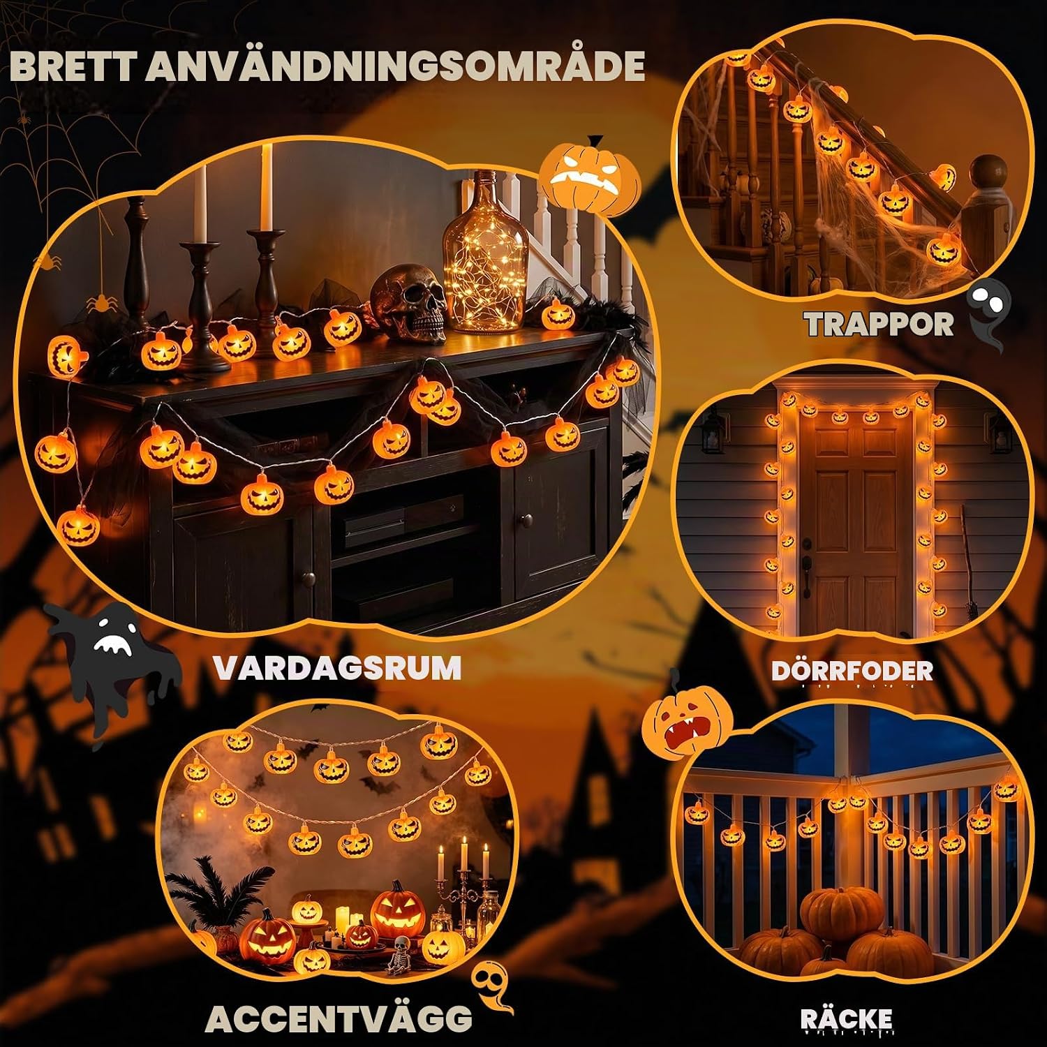 Thumbnail 2 de A.bigwhale Halloweenljusslinga med pumpor, 20 orange LED och timer