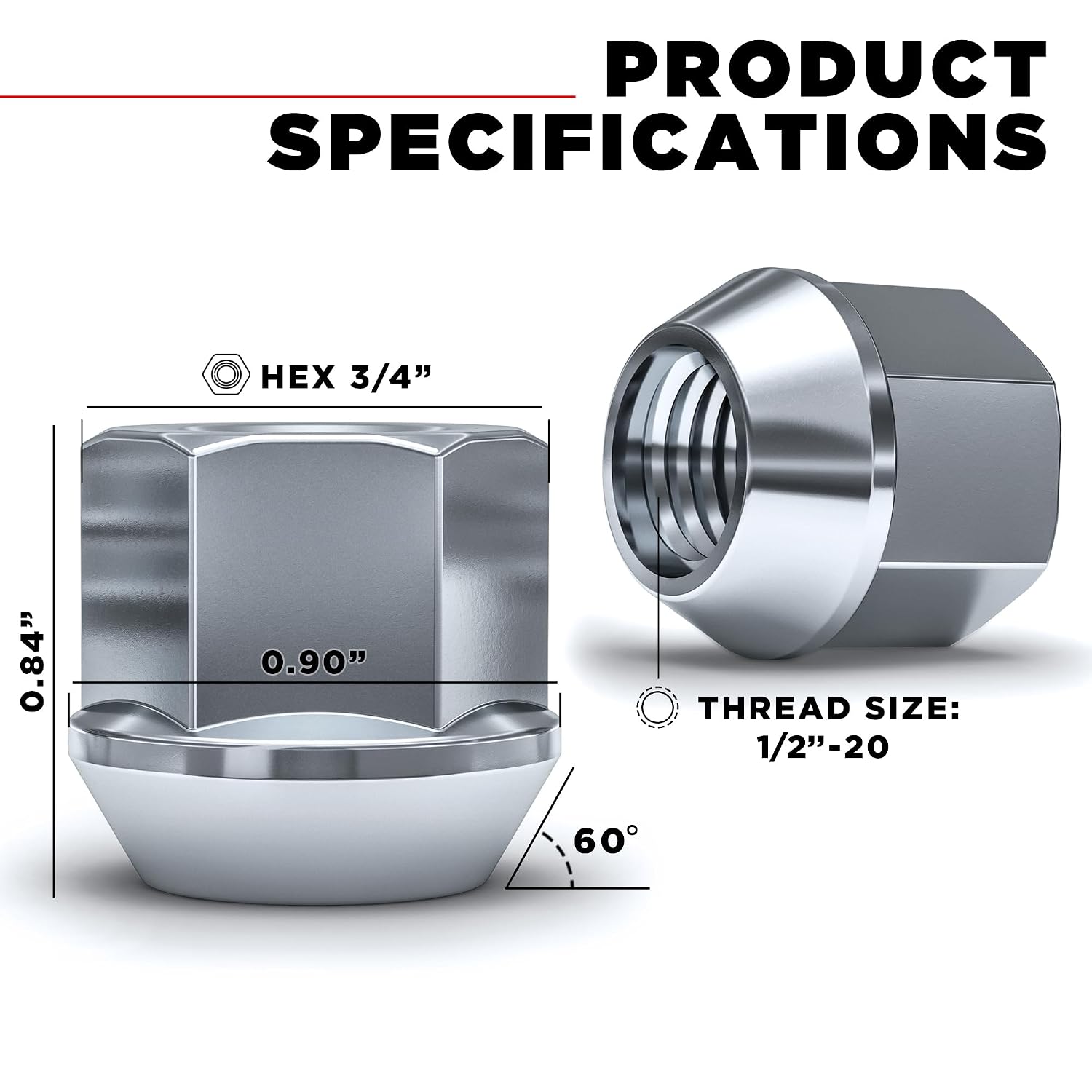 Detalle de White Knight 1304-1S-20AM Lug Nuts, 1/2"-20 Zinc Open-End Bulge Acorn, 20 Pack