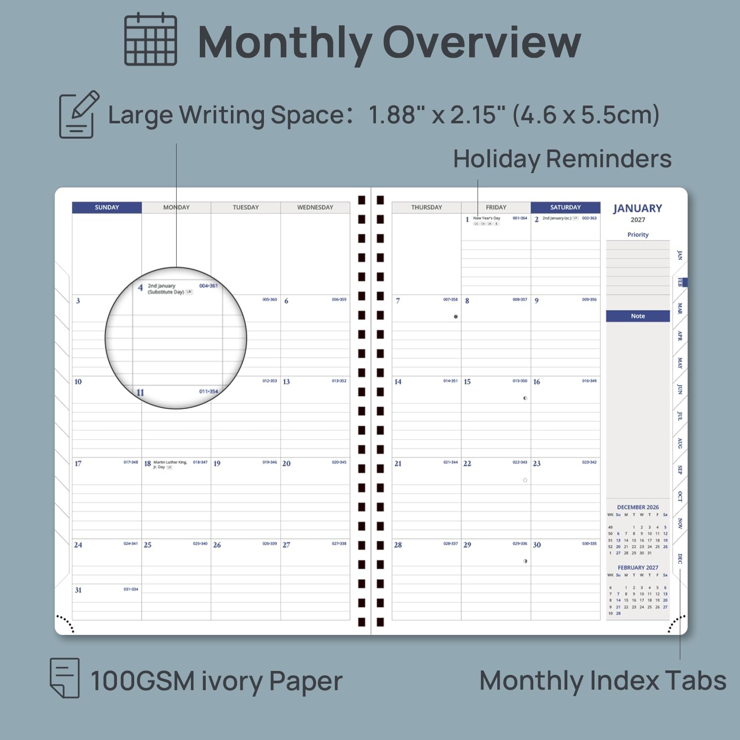Detalle de POPRUN 2027 Weekly Planner, 8.25 x 11.75-Inch, Hourly Layout, Monthly Tabs