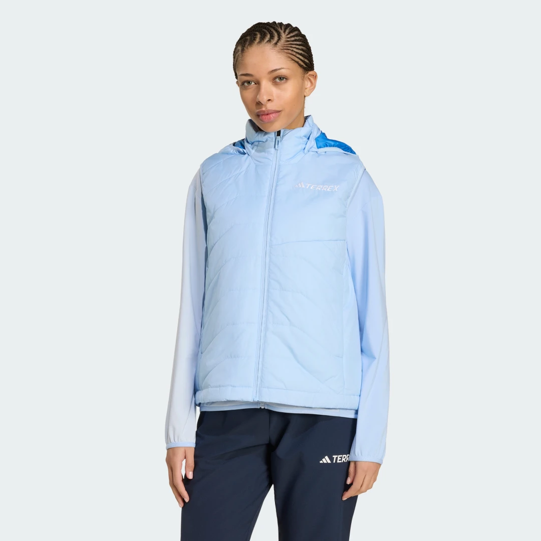 Detalle de Adidas Terrex Multi Climawarm Insulated: chaleco con capucha en color azul