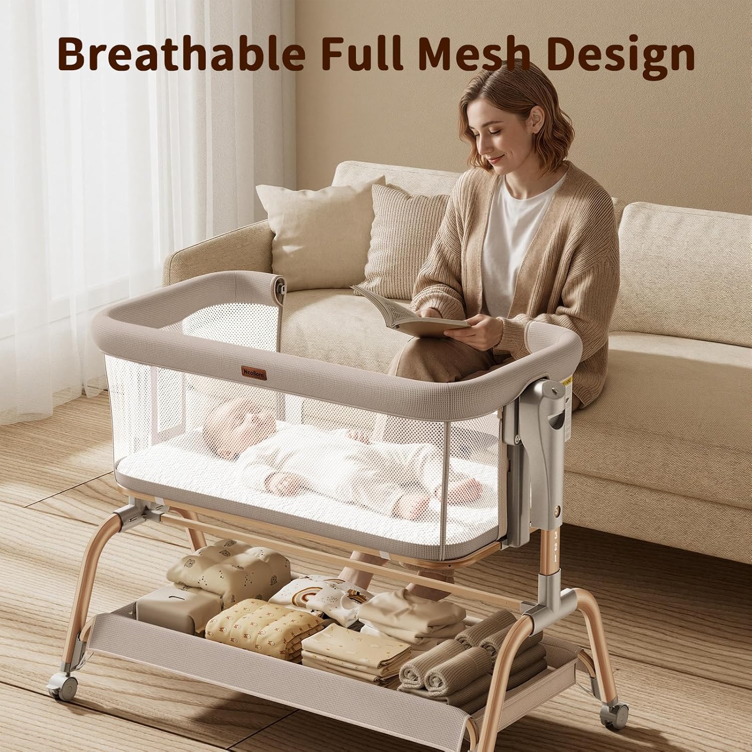 Detalle de NeoBorn 3 in 1 Baby Bassinet: Bedside, Rocking, and Standalone Crib